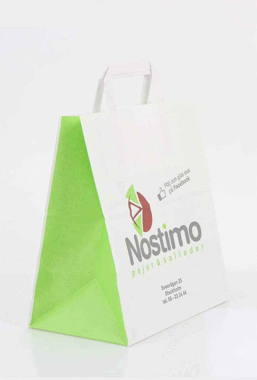 syskevasies-gia-coffee-09 Λευκή και πράσινη χάρτινη τσάντα με logo "Nostimo plus nutrition" και λευκά χερούλια