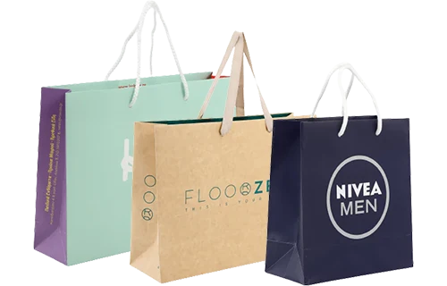 Twisted handle paper bags with printed logos for branded stores and gift packaging.