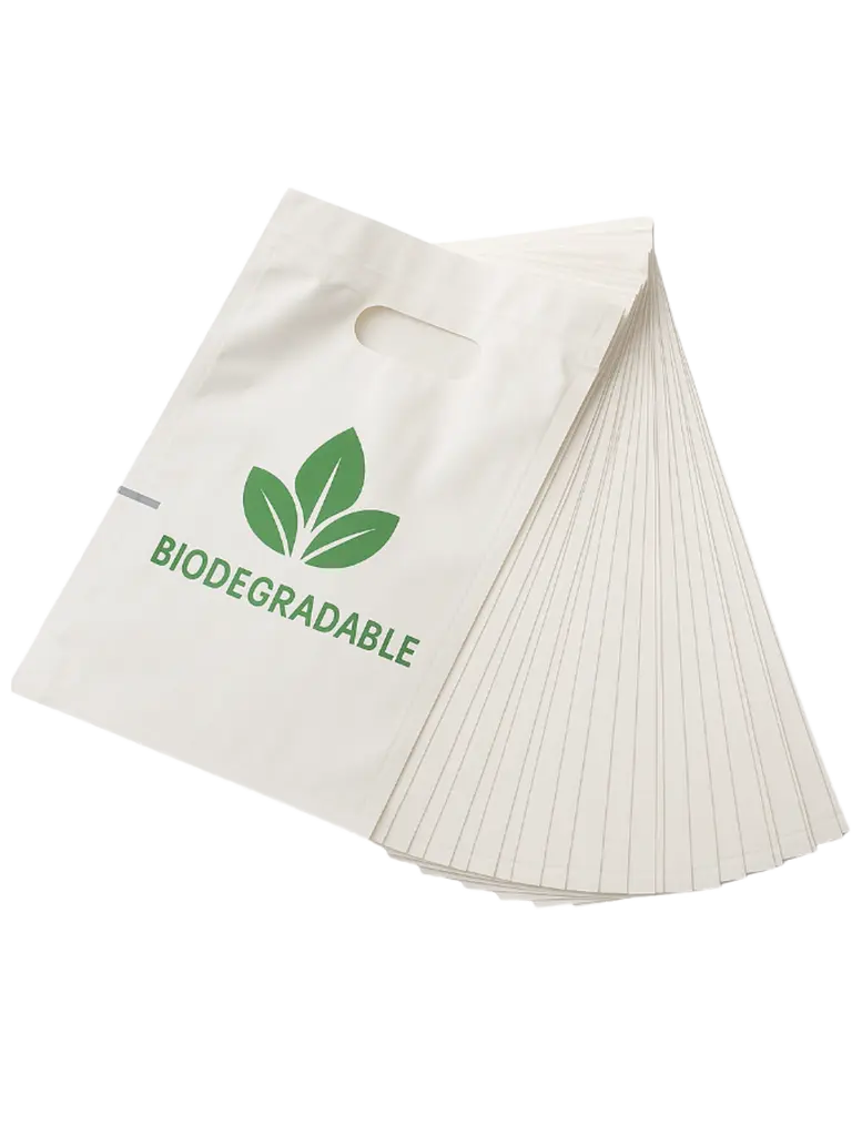 biodisposable-02 Βιοδιασπώμενες σακούλες με τύπωμα φύλλο και τη λέξη 'biodegradable', σε δέσμη