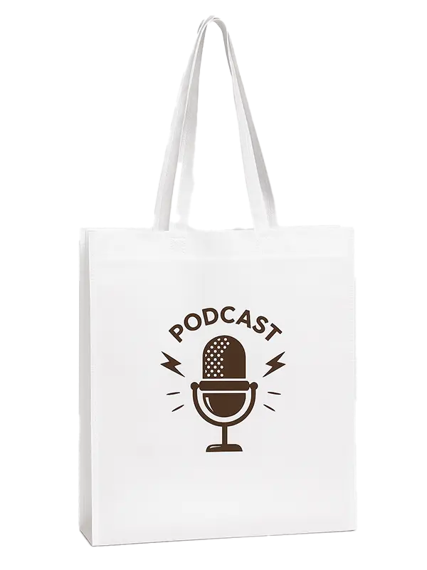 media-non-woven Λευκή υφασμάτινη tote bag με σχέδιο μικροφώνου και τύπωμα PODCAST
