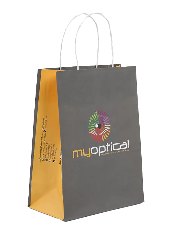 sakoules-gia-optika-packaging-xenos-05 copy Χάρτινη τσάντα με λευκά στριφτά χερούλια, γκρι πρόσοψη, κίτρινα πλαϊνά και πολύχρωμο λογότυπο "myoptical" στο κέντρο